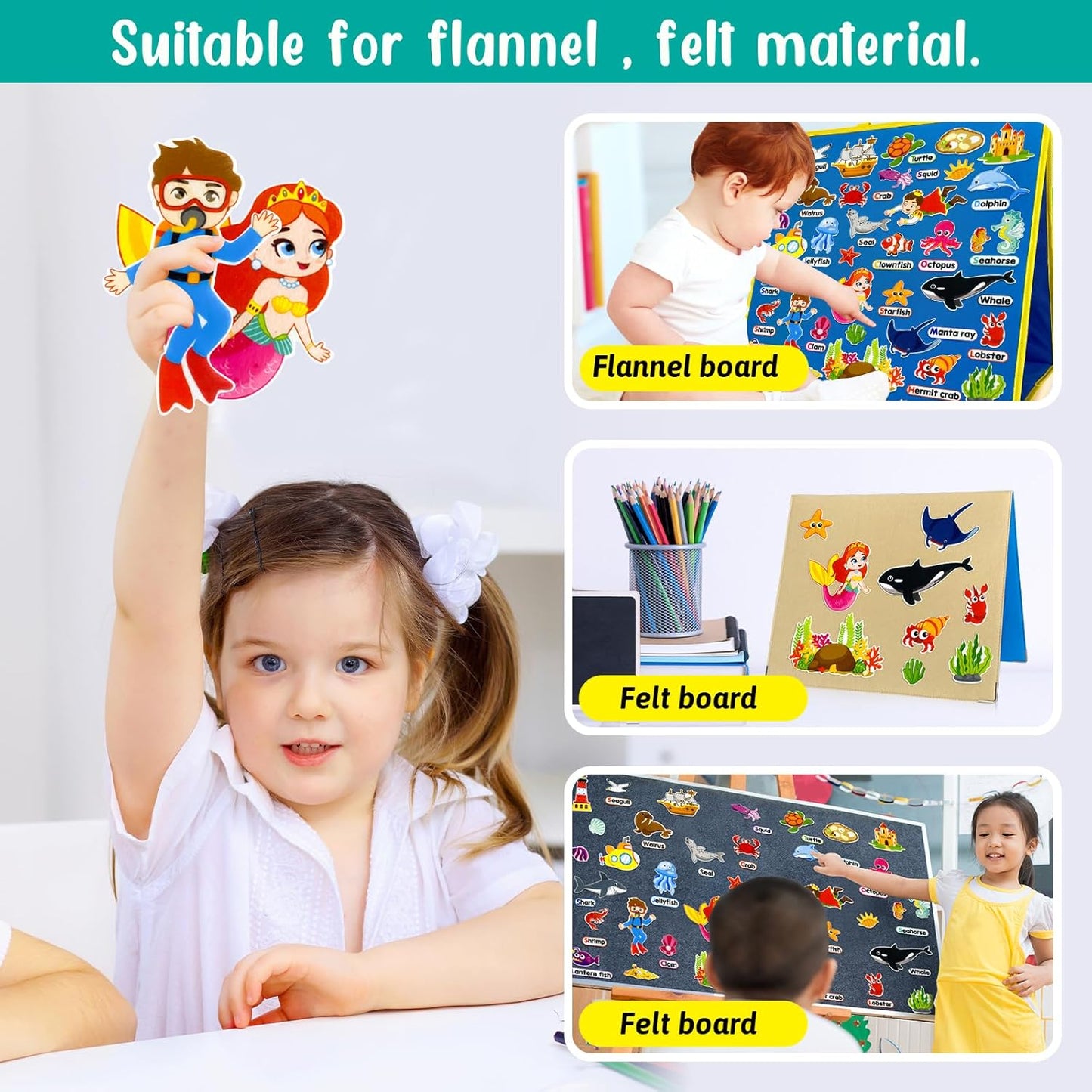 Felt Flannel Board Story Pieces for Toddlers Preschool,Kids Interactive Storytelling Teaching Play Kits for Felt Flannel Board,with Words Pieces(Marine Animals)