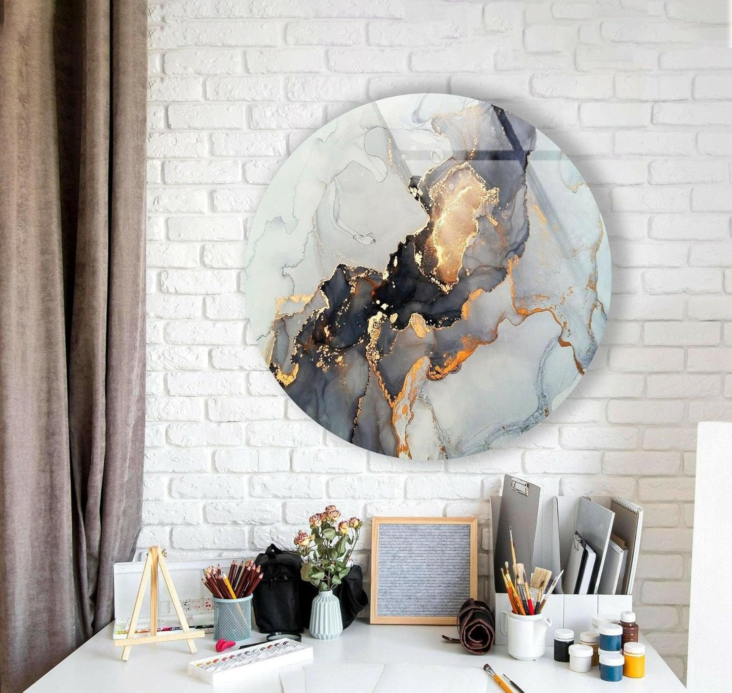 My Photostation.com 20''(50cm) Diameter Gold Details Gray Marble Round Glass Wall Art Tempered Glass Printing Wall Decor Large Wall Art Wall Hangings