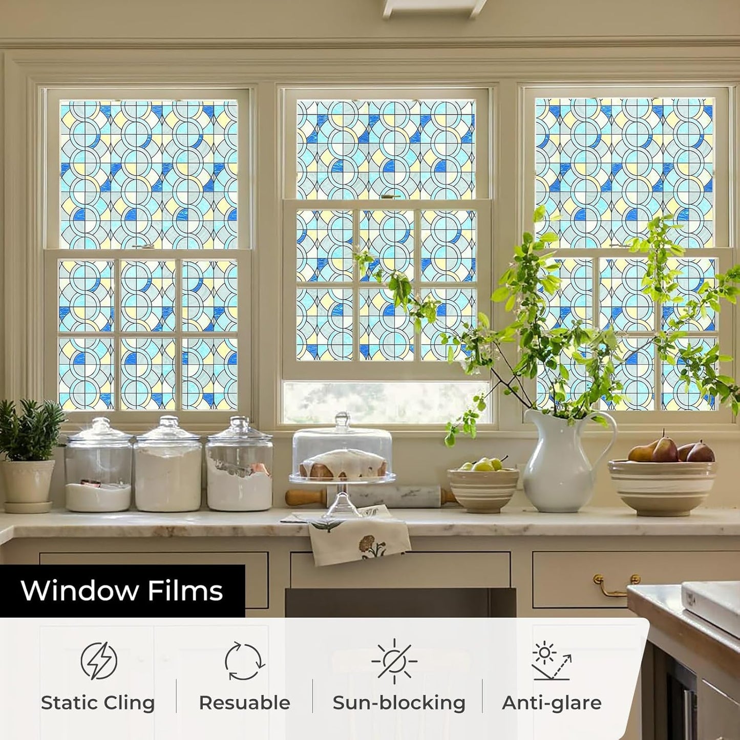 Window Privacy Film, Frosted Glass Decorative Static Cling, Removable Sun Blocking Vinyl Covering, Window Film for Home Kitchen Living Room Bathroom, Geometric Rings, 17.5" x 78.7 "