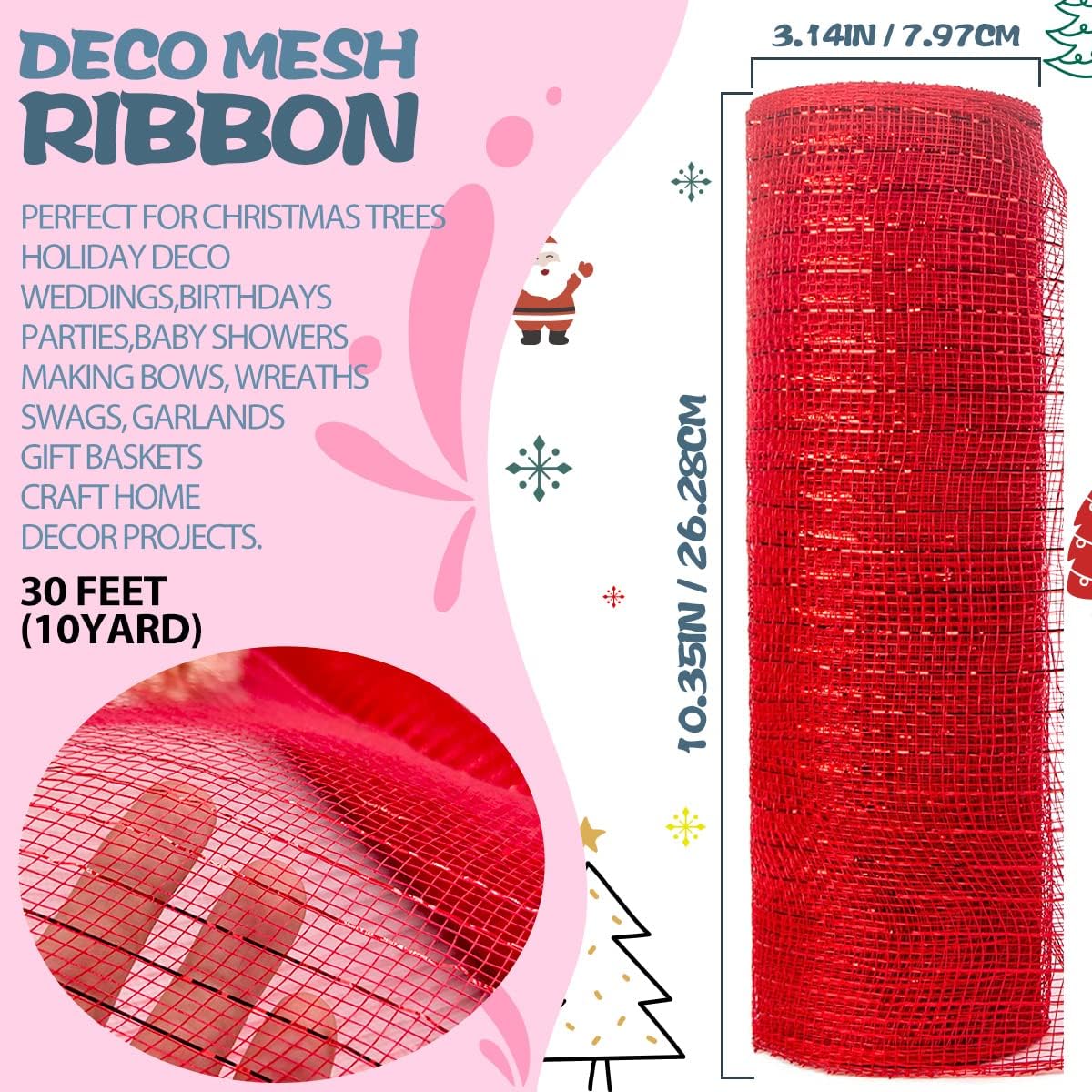 Anivia Deco Mesh Ribbon, 10inch x 30 Feet Each Roll Metallic Foil Mesh Ribbon for Wreaths Swags, Holloween, and Christmas Tree Decoration (Red/Red Foil)