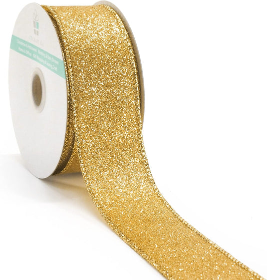 CT CRAFT LLC Glitter Wired Ribbon 1.5" x 10 Yards Yellow Gold for Christmas Home Decor Bow Gift Wrapping DIY Crafts Wreath