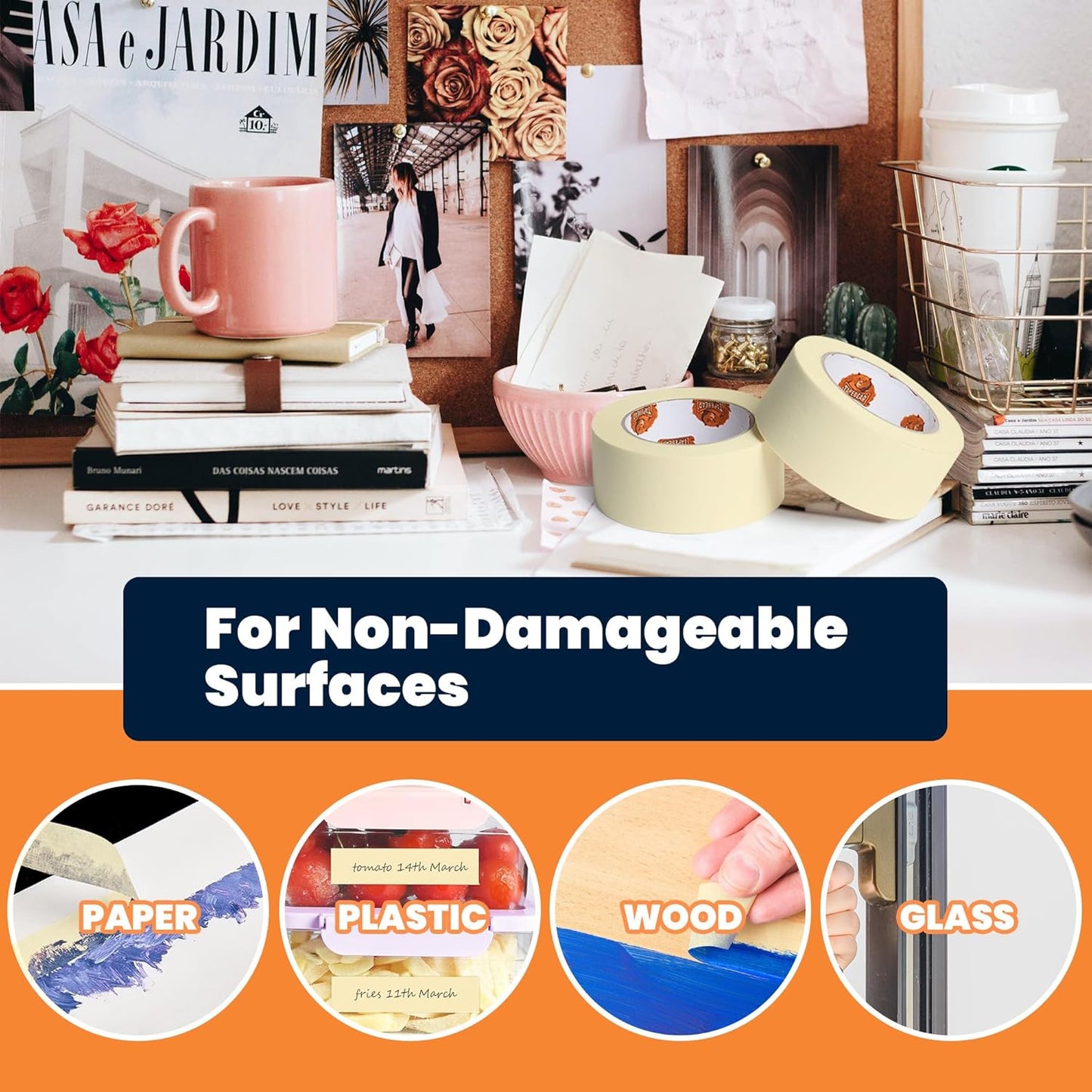 TAPEBEAR General Purpose Masking Tape 1.88 Inches x 60 Yards, Beige White Painters Tape for Painting, Labeling, DIY Arts Crafts, Home Office School Projects, 6 Rolls