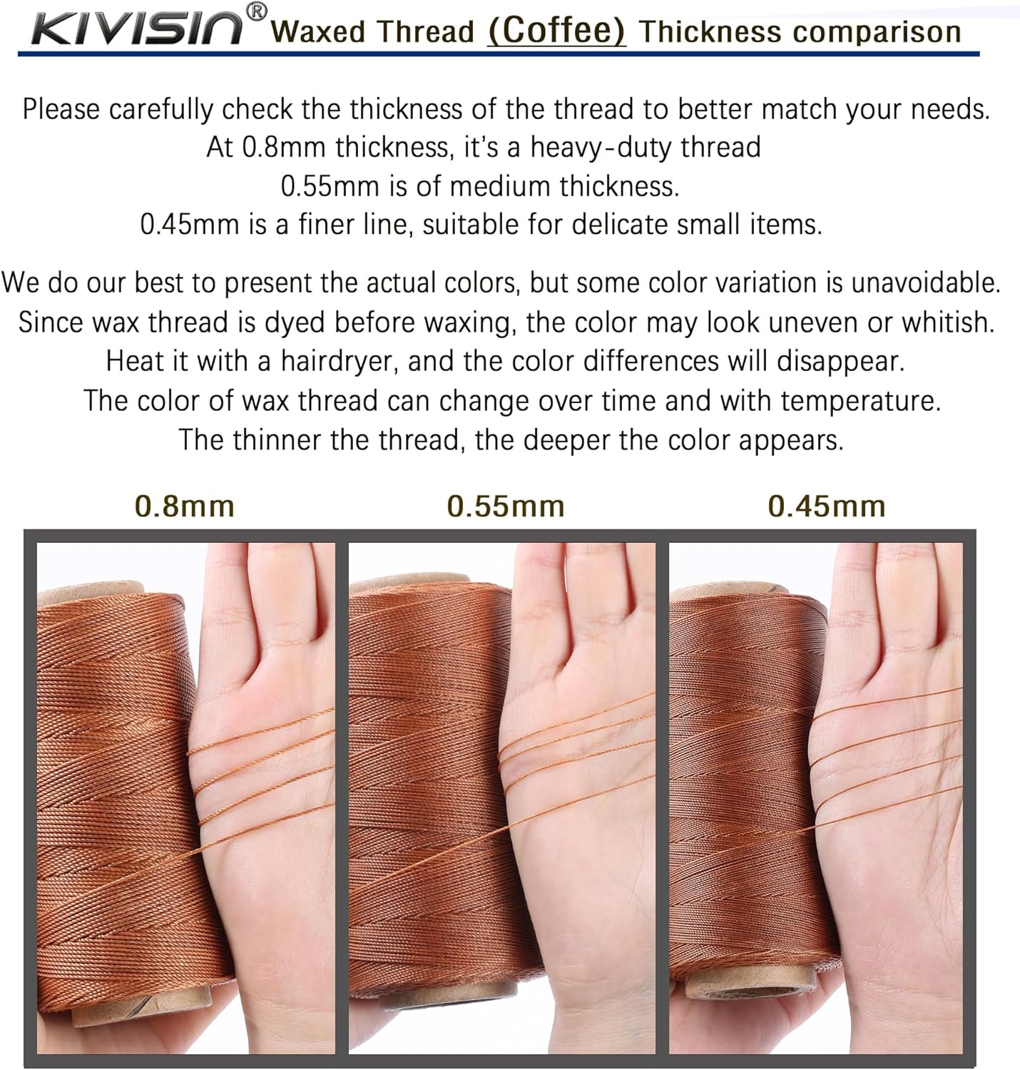 Bonded 0.8mm Round Waxed Polyester Cord, 3-ply Wax Coated Thread, 197 Yards Stiff String for Heavy Duty Fabric, Leather Sewing, Book Binding, Upholstery Repair, and Macrame Jewelry - Brown