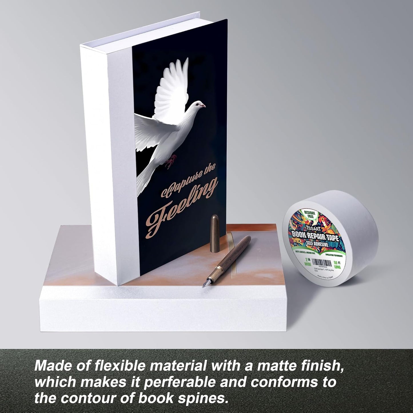 Book Repair Tape - Self Adhesive Matte Book Binding Tape for Reinforcing Protecting, and Covering Mending Books Old Books - 2 Inch Wide x 50 FT Long, White