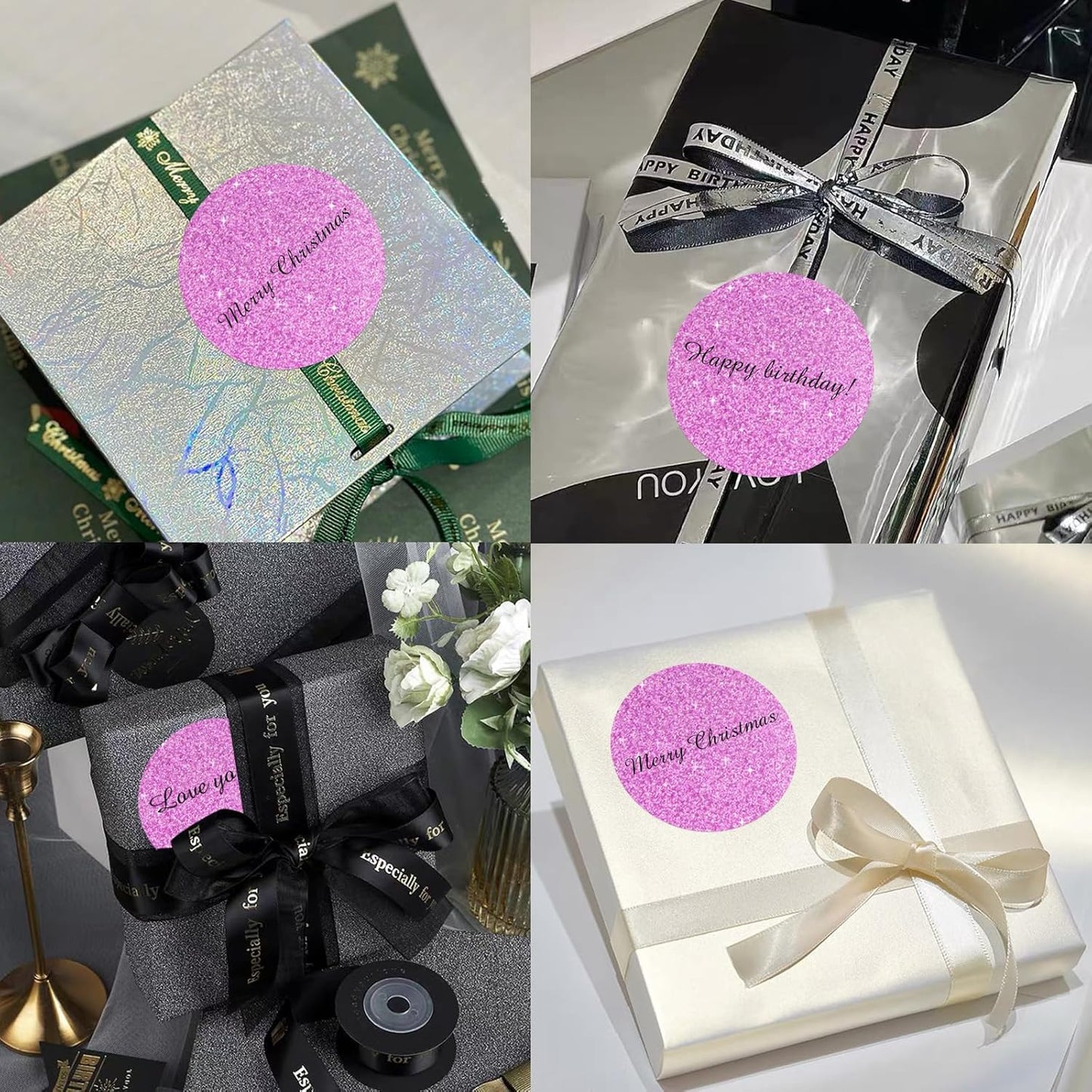 3" Holographic Thermal Label Stickers, Round Direct Thermal Label Stickers, Glitter Thermal Printer Sticker Labels for Gift Wrapping, Self-Adhesive Custom Logo Design- Glitter Pink