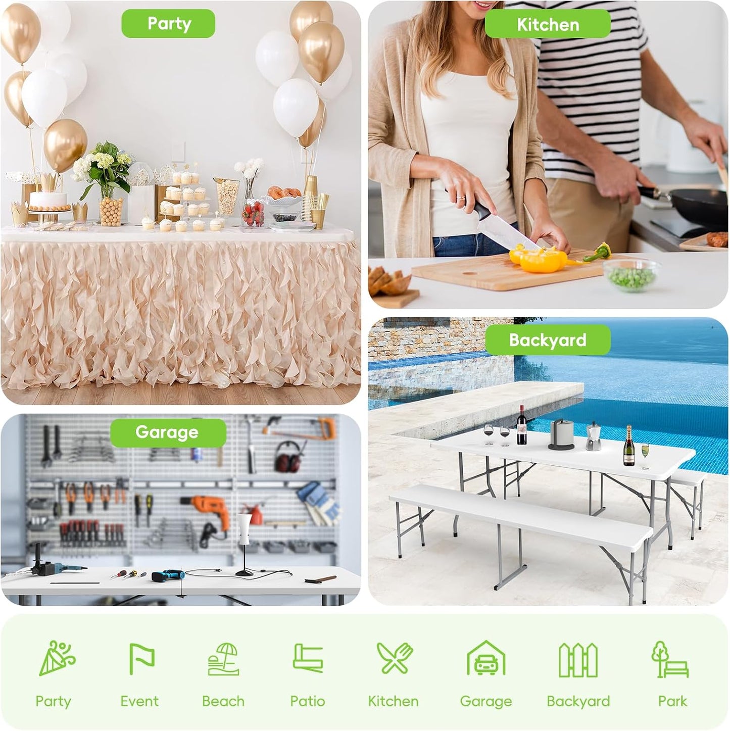 Folding Table 6ft, Foldable Portable Heavy Duty Plastic Fold-in-Half Utility Table with Handle & Safety Locks, Picnic Table Indoor Outdoor for Camping, Picnic and Party