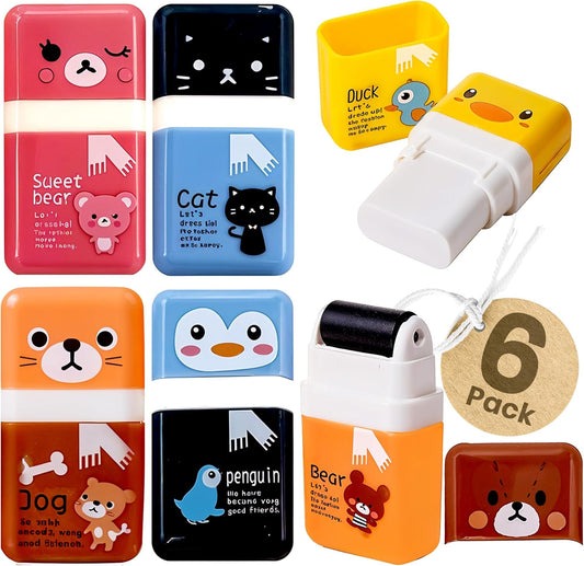 Performore 6‑Pack Animal‑Theme Cute Pencil Erasers with Cleanup Roller & Shaving Case — Fun & Functional School & Party Supplies for Kids