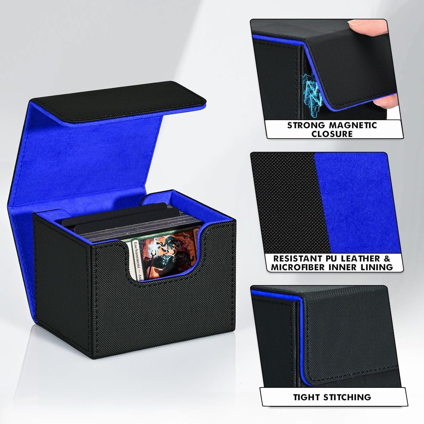ZLCA Card Deck Box for MTG, Commander Deck Case Holds 120+ Single Sleeved Cards, Leather Magnetic Storage Box Fits for CCG TCG Sport Card (Black& Blue)