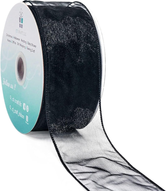 CT CRAFT LLC Sheer Organza Wired Ribbon 2.5" x 50Yards Black for Wedding Chair Bow Flora Bouquet Gift Wrapping Christmas Tree Home Decor Wreath