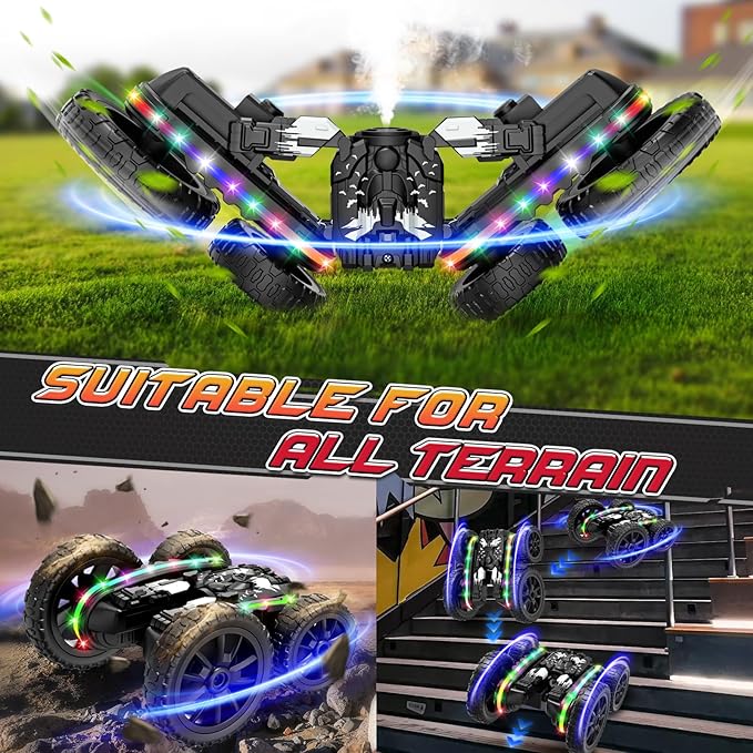 RC Cars Toys, 2-in-1 Remote Control Car Transform 4WD with Spray & LED Lights, 2.4GHz Off-Road Stunt Truck for 360° Flips Gift for Boys Age 8-12 (Black)