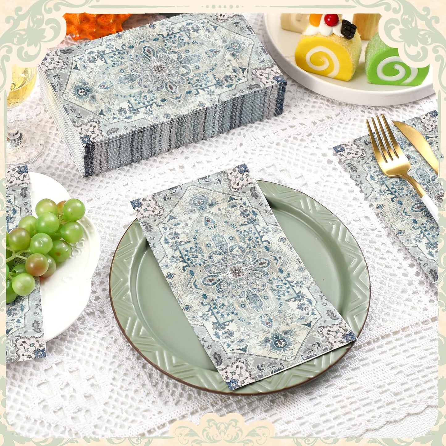 Yeaqee 100 Pcs Vintage Boho Napkins Paper Guest Towels 2 Ply Decoupage Napkins Disposable Decorative Hand Towel for Bathroom Kitchen Fall Wedding Party Dinner(Blue and Grey)