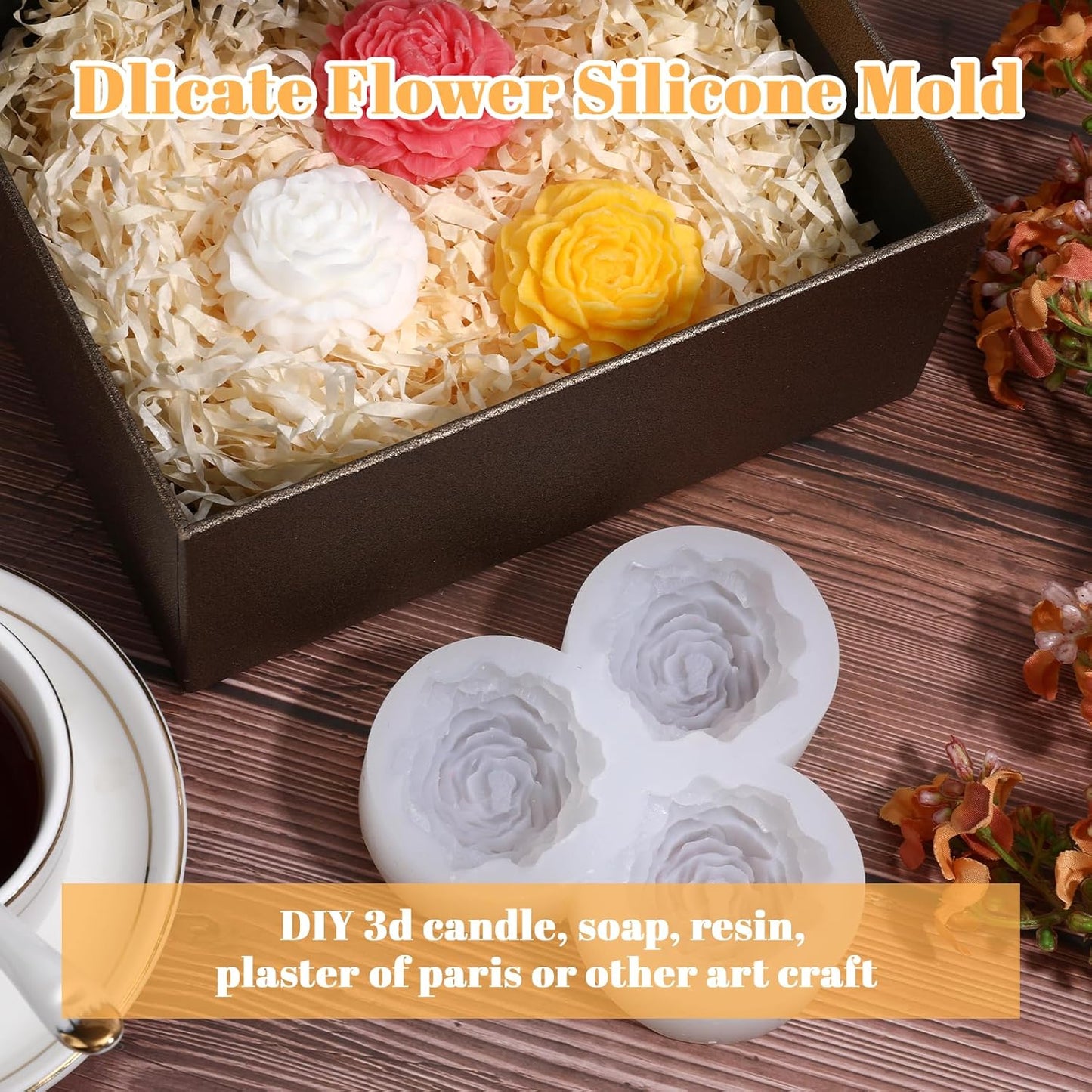 3 Cavity Peony Candle Molds, Silicone Flower Molds for Candles Crafts Casting, 3D Round Candle Making Soap Molds for Epoxy Resin Wax, DIY Handmade Gifts Clay Pop Flower Silicone Mold Home Decoration