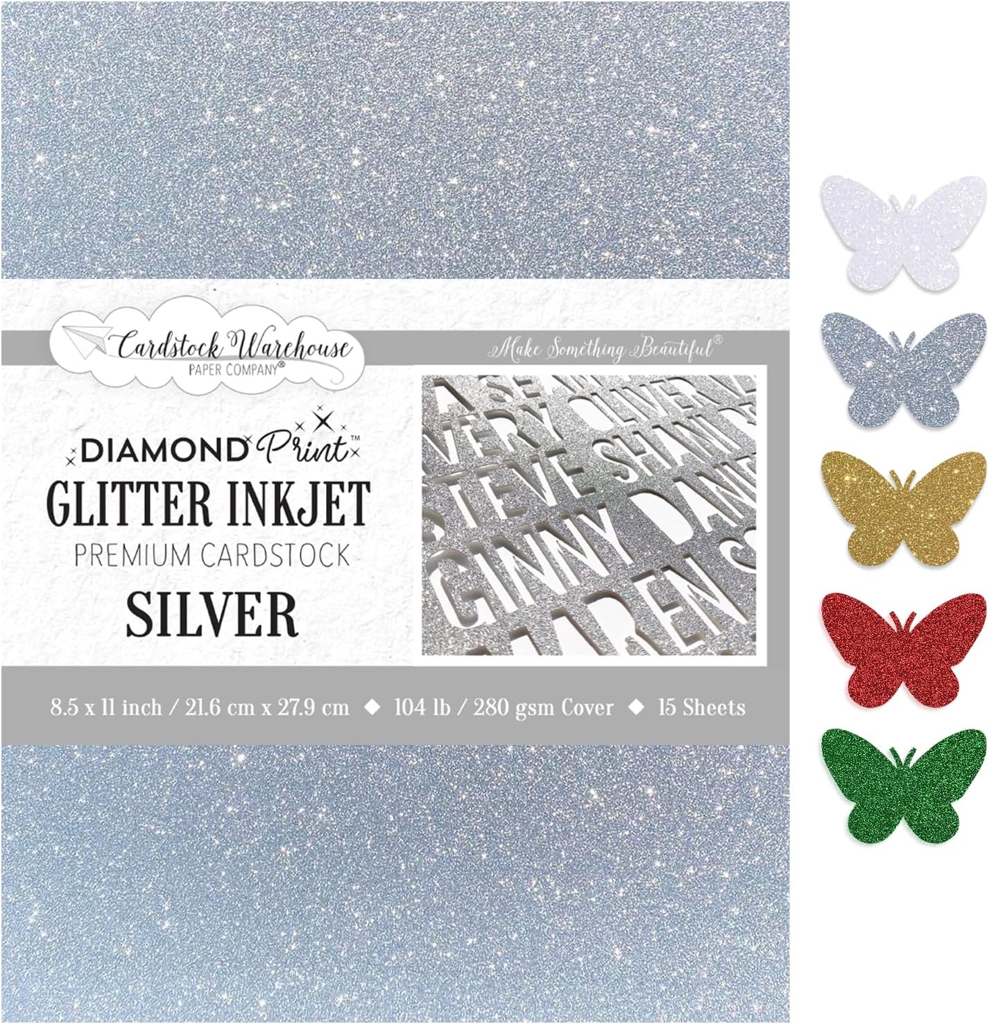 Cardstock Warehouse Diamond Print Inkjet Glitter-Premium Silver Glitter Cardstock Paper – 15 Sheets, 8.5 x 11" - 104 lb/280 GSM for Inkjet Printing, Die-Cutting, Card Making, Crafts, and DIY Projects