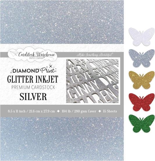 Cardstock Warehouse Diamond Print Inkjet Glitter-Premium Silver Glitter Cardstock Paper – 15 Sheets, 8.5 x 11" - 104 lb/280 GSM for Inkjet Printing, Die-Cutting, Card Making, Crafts, and DIY Projects