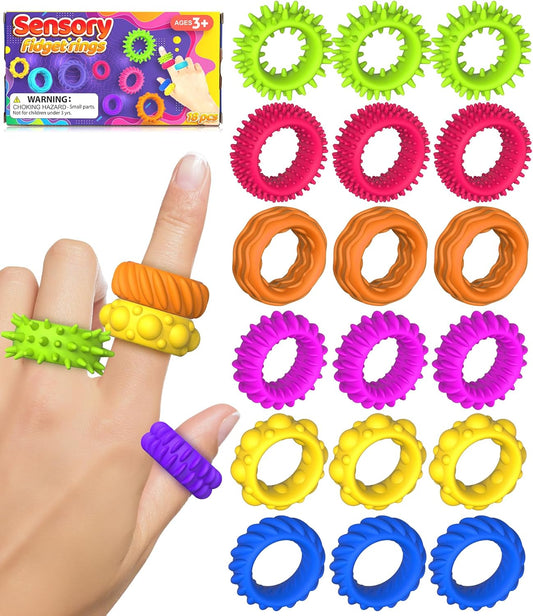 Fidget Toys Sensory Rings for Kids: Fidget Ring 18 Pack - Sensory Toys for Kids with Autism - Quiet Anxiety Fidgets Bulk for Classroom Prize - Stocking Stuffers