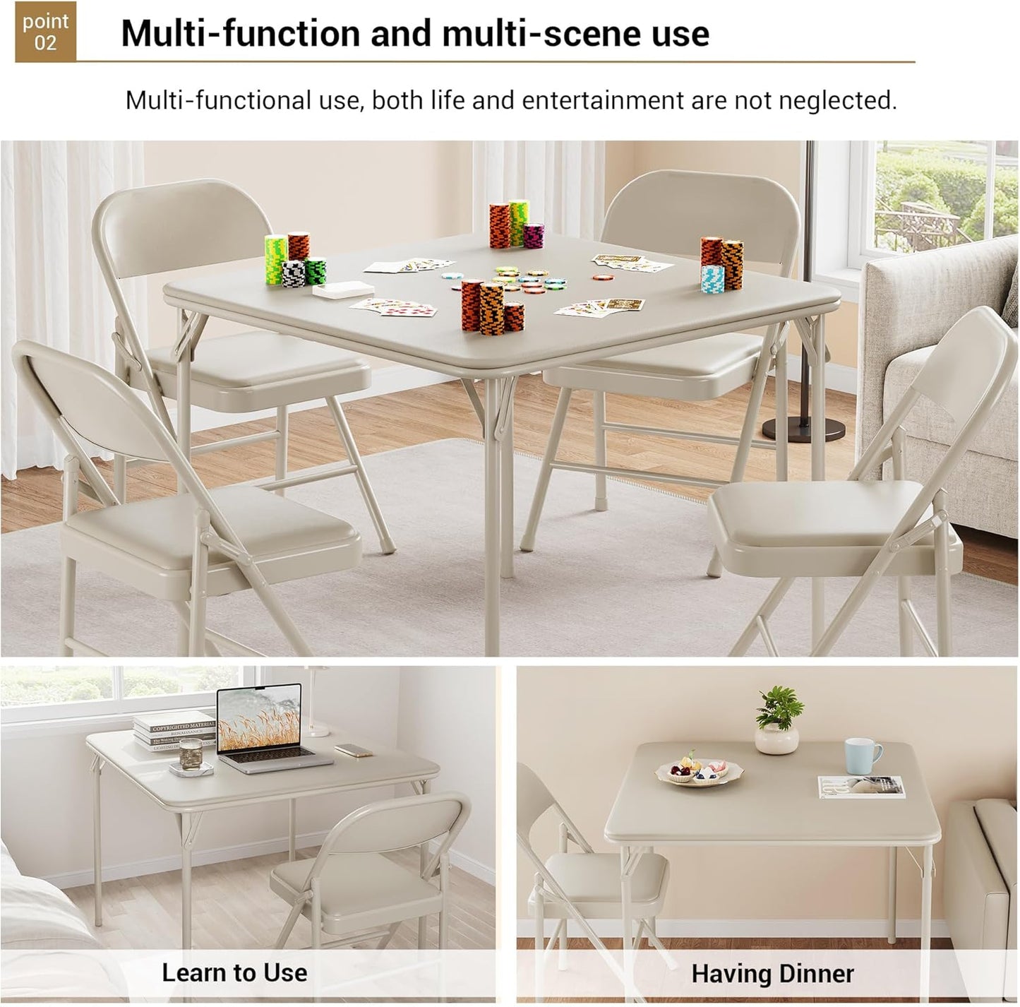 Folding Card Table, 34 Inch Portable Square Game Table with Collapsible Legs, Multifunctional Foladable Table with PU Padded Tabletop for Home, Parties, Picnics, Games, 1 Piece, Beige