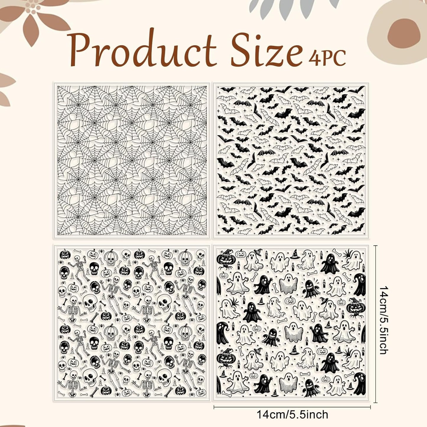 CHGCRAFT 4 Pcs Halloween Elements Polymer Clay Texture Sheets Ghosts Silicone Texture Stamp Skeletons Clay Texture Mat Modeling Pattern Pad Sheets for Jewelry and Earrings Tools, 5.5x5.5 inch