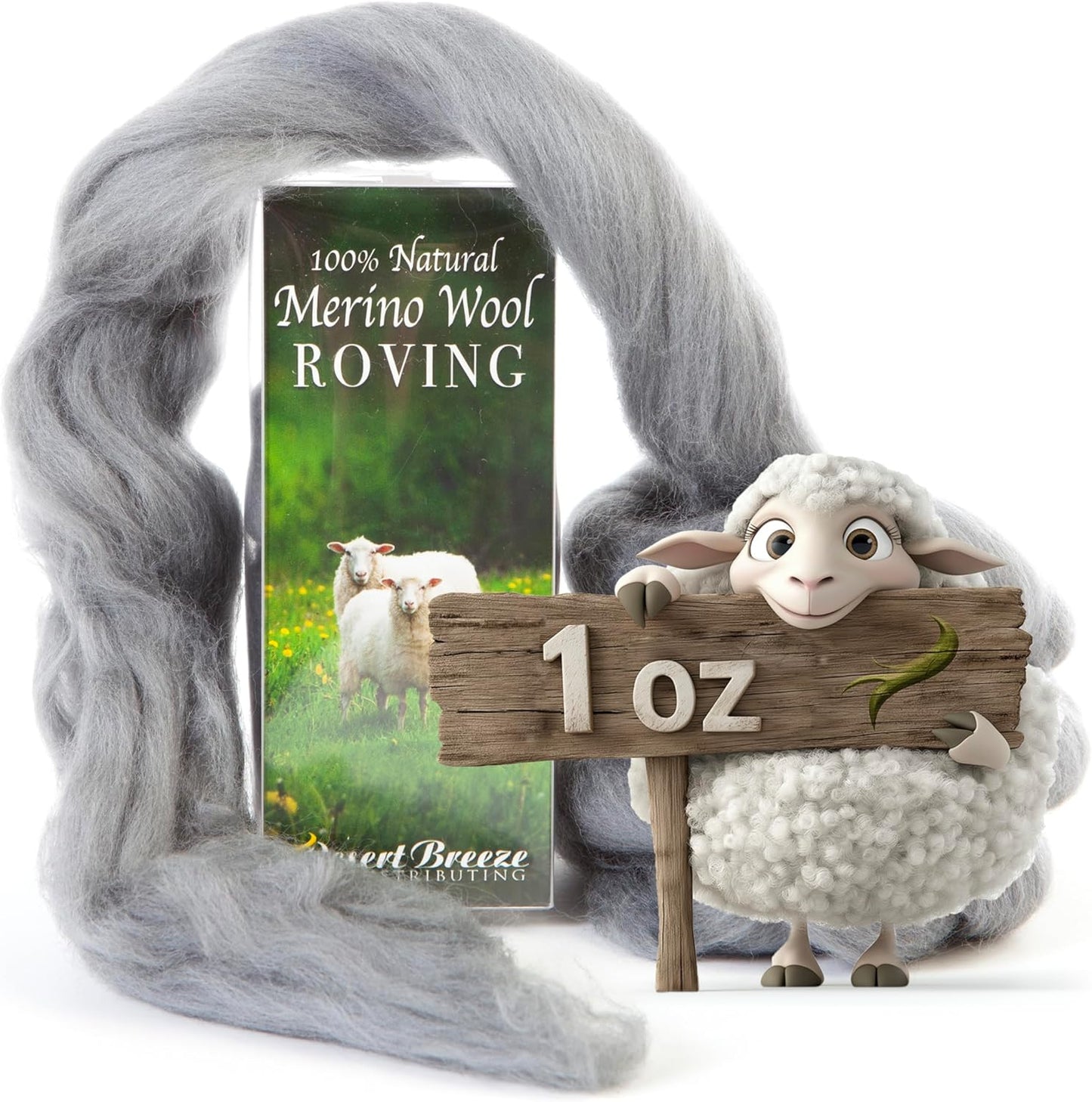 Desert Breeze Distributing 100% Natural Merino Wool Roving - Premium Combed Top Merino Roving Wool - Tapestry, Spinning, Wet Felting & Needle Felting Supplies - 21.5 Micron - 1 oz, Color Silver