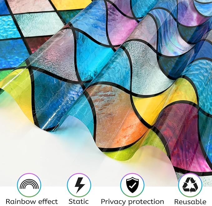 QHY Sunshine Colorful Rainbow Stained Glass Window Film Non-Adhesive Window Privacy Film Reusable Decorative for Room (Chequered Rainbow, 23.6 X 78.7 in)
