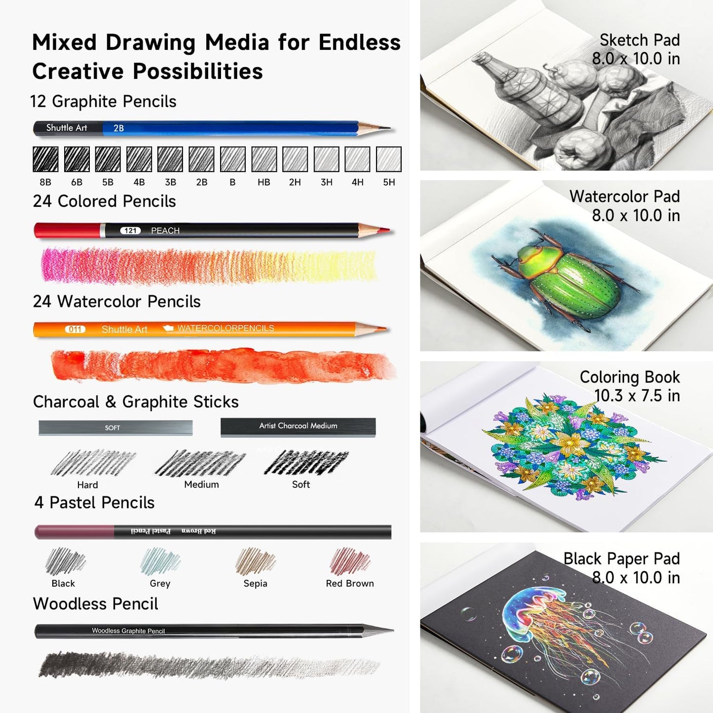 Shuttle Art 116 PCS Drawing Kit, Professional Drawing Supplies with Sketch, Charcoal, Colored, Graphite, Pastel Pencils & Sticks, Complete Drawing Tools and Paper Pads in Zipper Case for Artists&Kids