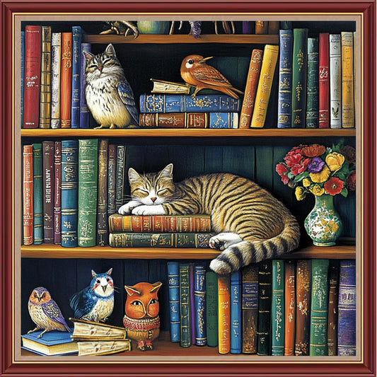 DMCXART Counted Cross Stitch Kits for Adults Needlepoint Kits Unprinted Cross Stitching Embroidery Kit 11CT Cross Stitch Supplies-Bookshelf Cat 18x18 inch