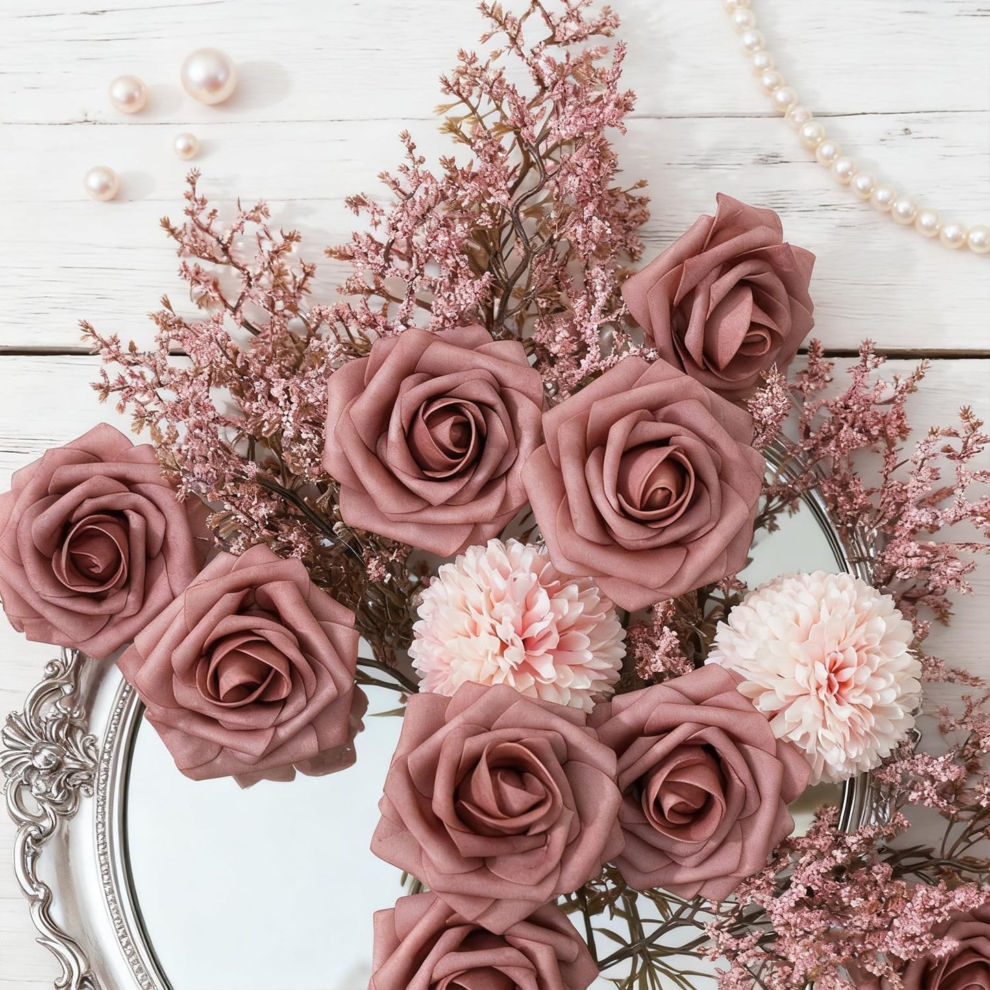 Artificial Flowers Foam Fake Roses 25pcs Dusty Rose Faux Roses with Stems for Home Decor DIY Wedding Bouquets Party Bridal Shower Centerpieces Faux Flower Arrangements Tables Decorations