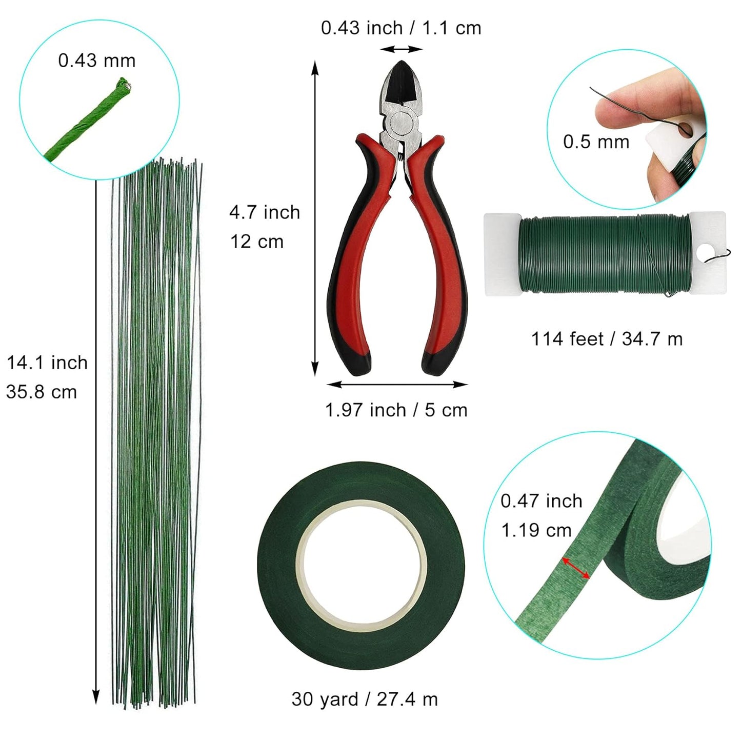 Floral Arrangement Kit - DIY Bouquet Making Tools - 24 Gauge Stem & Paddle Wire, Wire Cutter, Tapes