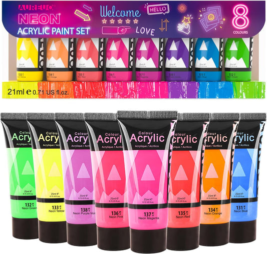 AUREUO Neon Acrylic Paint Set - 8 Fluorescent Colors 0.71 Fl Oz / 21ml Art Paint Tubes for Halloween Crafts Decor Rich Pigments Non-toxic Painting Supplies for Artists Hobby Painters Adults