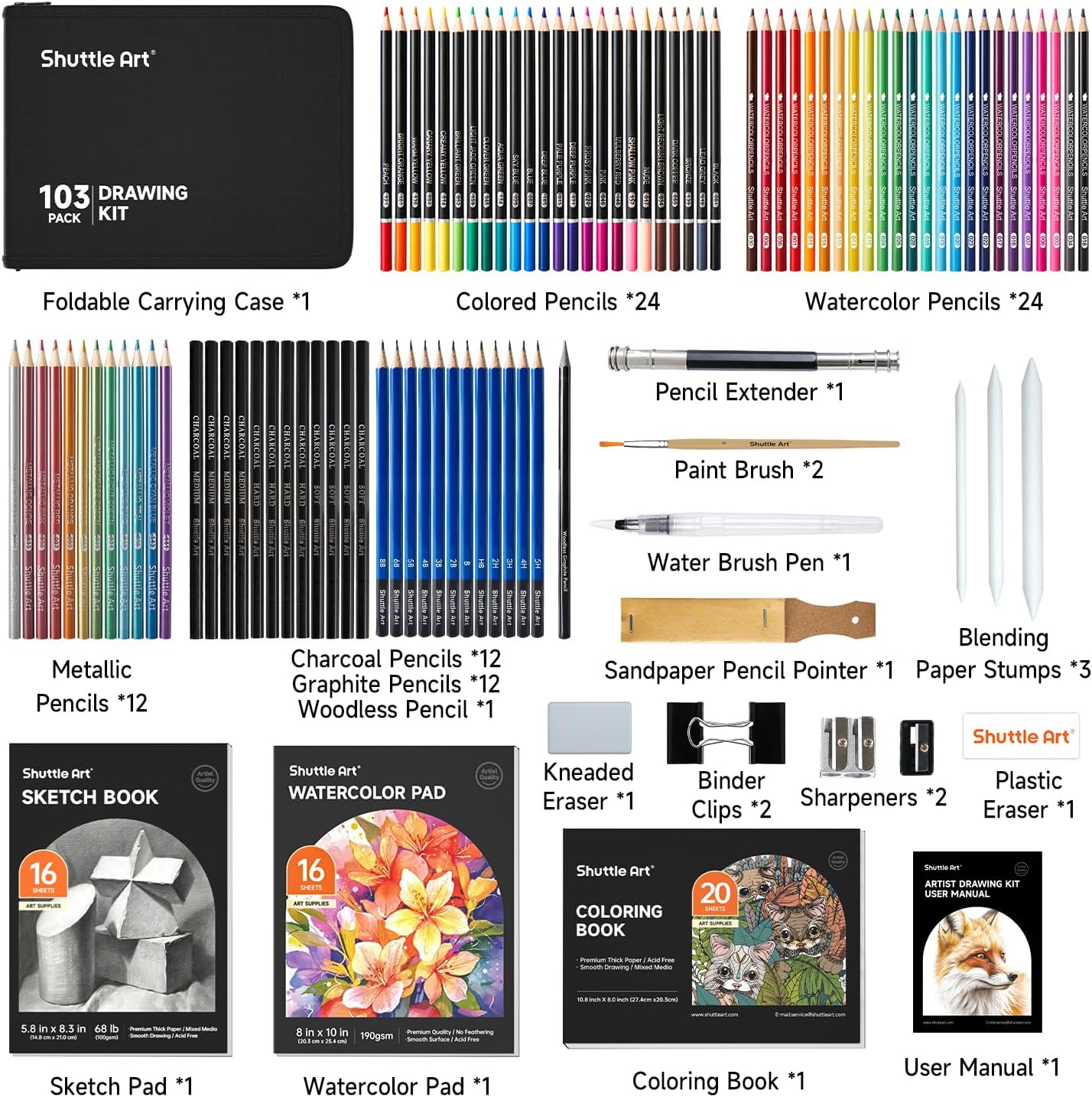 Shuttle Art 103 PCS Drawing Kit, Professional Drawing Supplies with Sketch, Charcoal, Colored, Graphite, Pastel Pencils & Sticks, Complete Drawing Tools and Paper Pads in Zipper Case for Artists&Kids