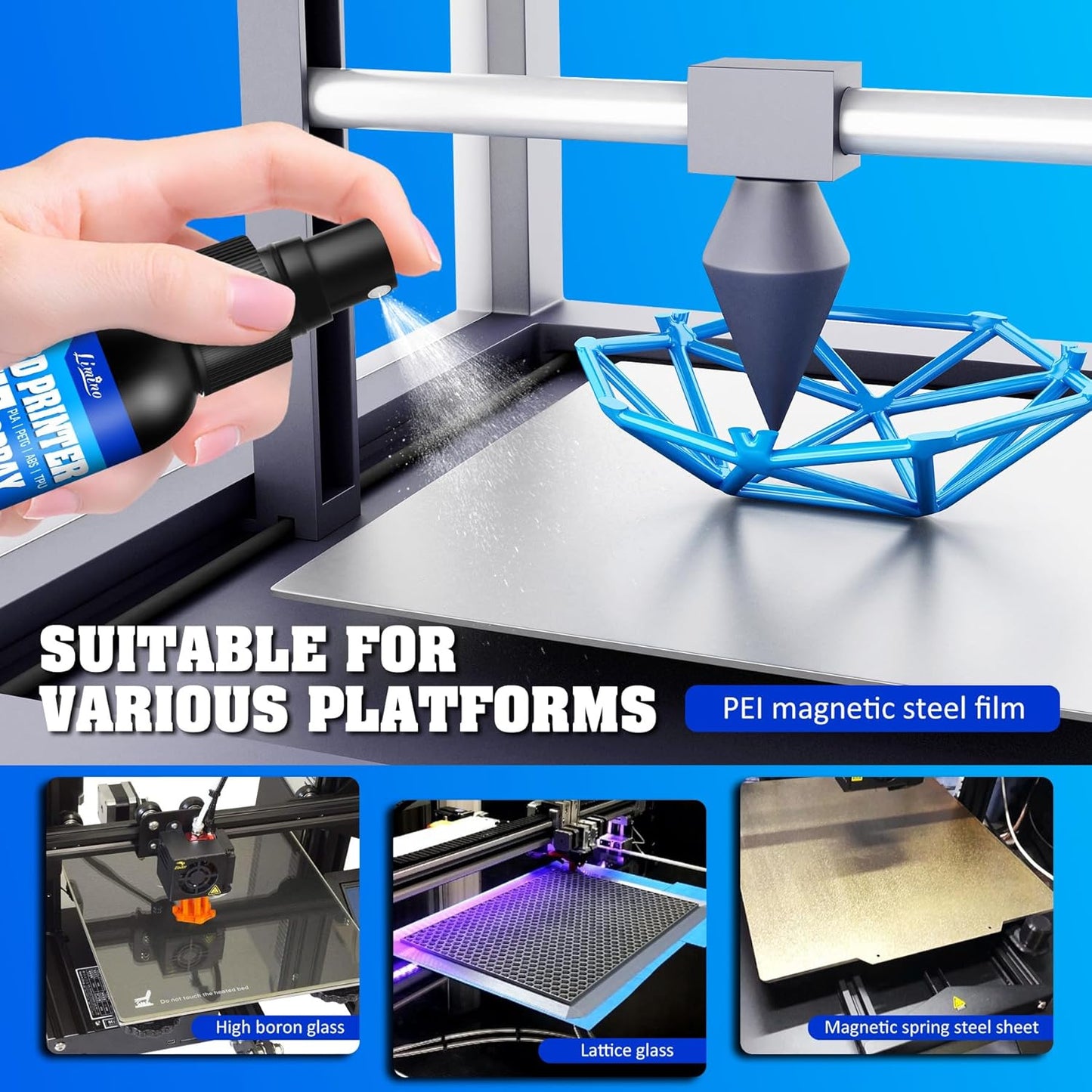 3D Printer Adhesive - 3D Print Glue Spray, Perfect First Layer Adhesion, Prevents Warping on Heated Print Bed, Easy Removal for ABS PLA PETG TPU Filaments on Various Build Plates, No Residue, 3.5oz*2