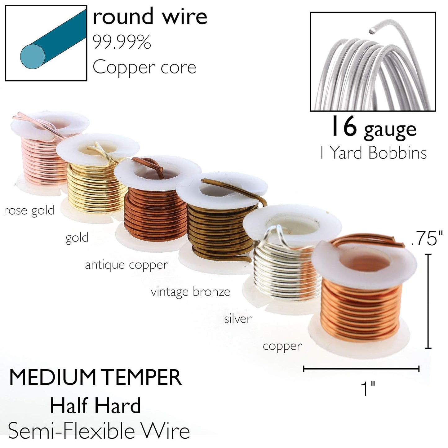 The Beadsmith Craft Wire Assortment - Tarnish-Resistant Copper Wire for Jewelry Making, 6-Pack, 0.75-Inch Mini Spools, 1 Yd Each, 16-Gauge, Assorted Colors, Medium Temper