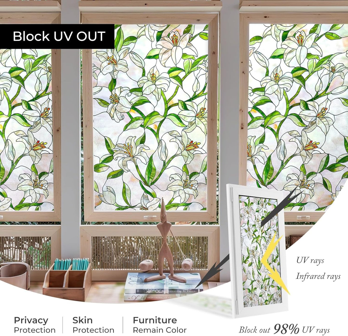 3D Stained Glass Window Film, Decorative Window Privacy Film for Bathroom, Front Door, Home, Sun Blocking Heat Control, Static Cling,White Lily 17.3inch x 47.2inch