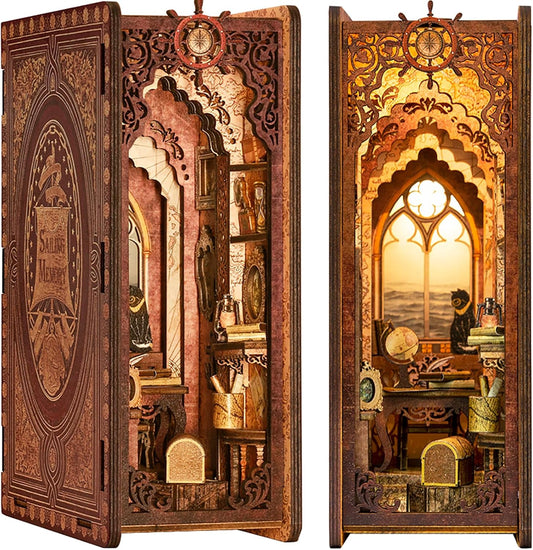 Cutefun Book Nook Kit - Decorative Bookend Alley Build Model with LED Light, DIY Miniature Dollhouse Kit 3D Wooden Puzzle for Adults, Teens, Crafts Gifts for Bookshelf Decor (Sailing Memory)