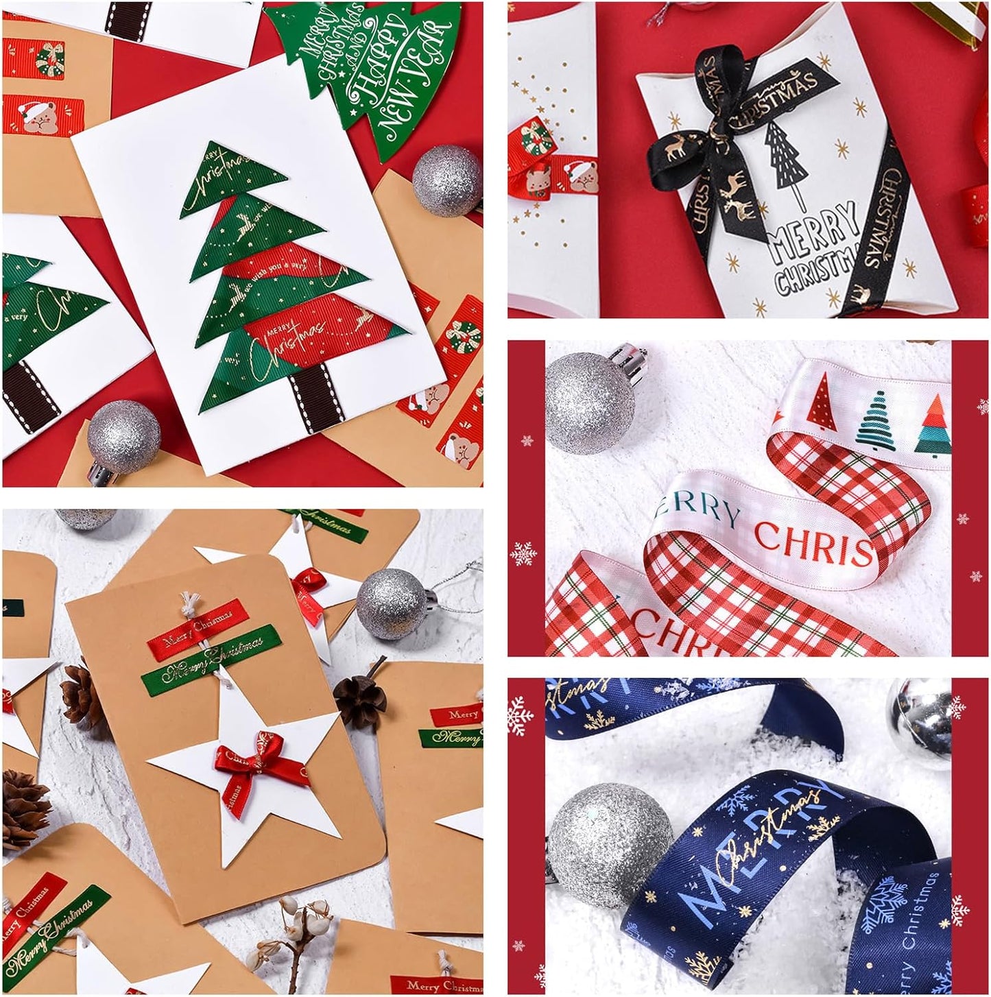 Christmas Gift Wrapping Ribbon, Red, Green, 2 Rolls Printed Grosgrain Ribbons for Crafts, Floral Bouquets, Sewing, Party and Festive Holiday Decor (2 Rolls(White/Red) A, 1 Rolls=3/8in * 10Yards)