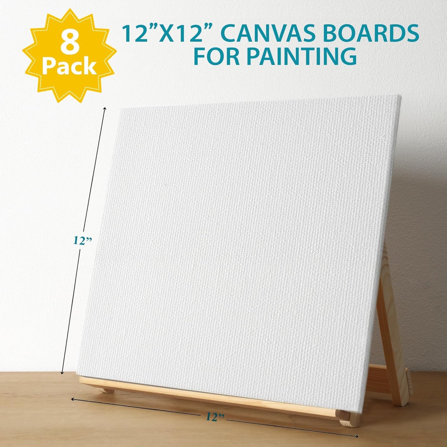 KEFF Canvas Boards for Painting - 12x12 8-Pack Bulk Canvas Panels, 100% Cotton Triple Primed Large Canvases for Art Painting Supplies, Acrylic, Oil, Watercolor & Tempera