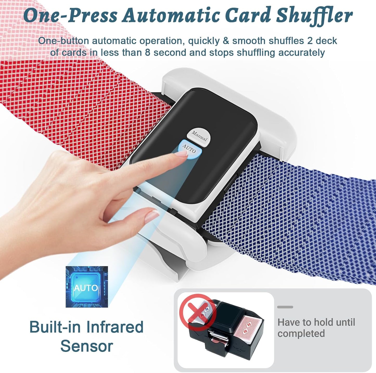 Automatic Card Shuffler 2 Deck, Rechargeable Playing Cards Shuffling Machine with One-Press AUTO&Manual Mode, Electric Poker Shufflers for UNO, Skip-Bo, Phase 10, Home Party Card Games
