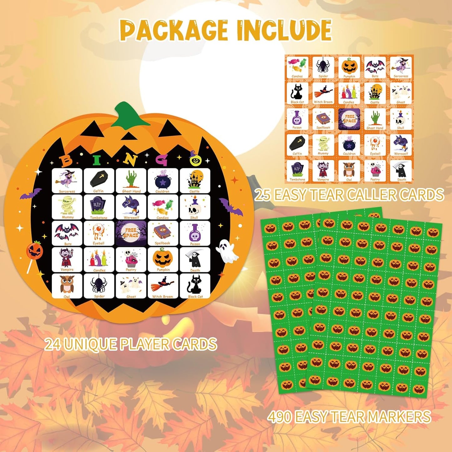 XZENTIRA Halloween 24 Players Games, Pumpkin Bingo Game Cards Set for Halloween Family Party Activities, Party Favors, Classroom Group Activities Bingo Games Set