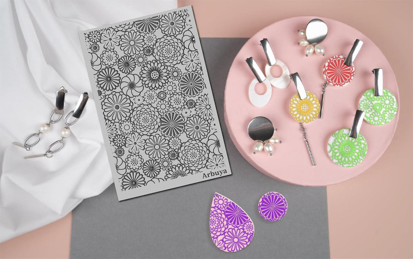 Arbuya Polymer Clay Blossom Flowers Texture Sheets for Earrings Jewelry Making, Clay Dahlia Floral Texture Mats for Polymer Clay Projects Floral Stamps for Clay Earrings Tools