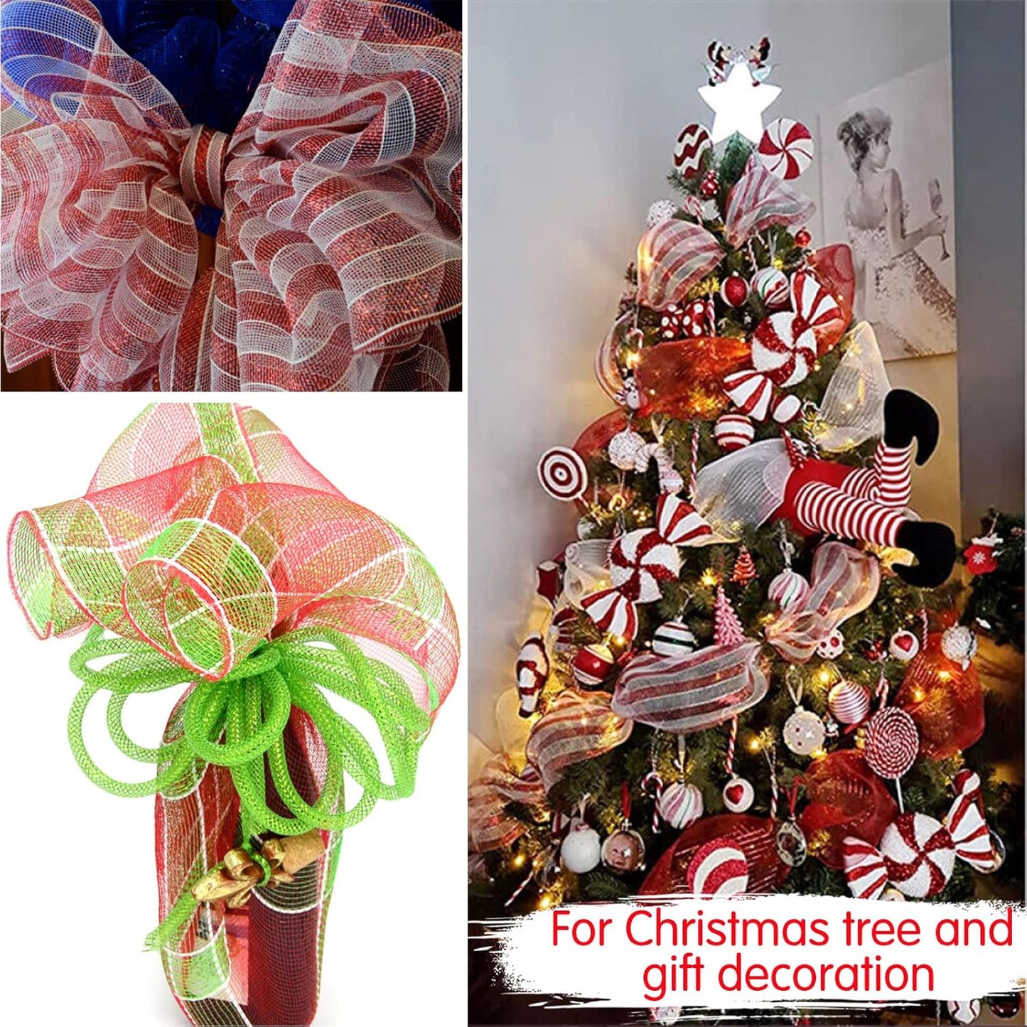 TONIFUL 2 Roll 10 Inch Red and White Striped Decorative Mesh Ribbon Rolls for Indoor Decor Christmas Valentine's Halloween Party Accessories Party Decoration Supplies (10yds/roll)