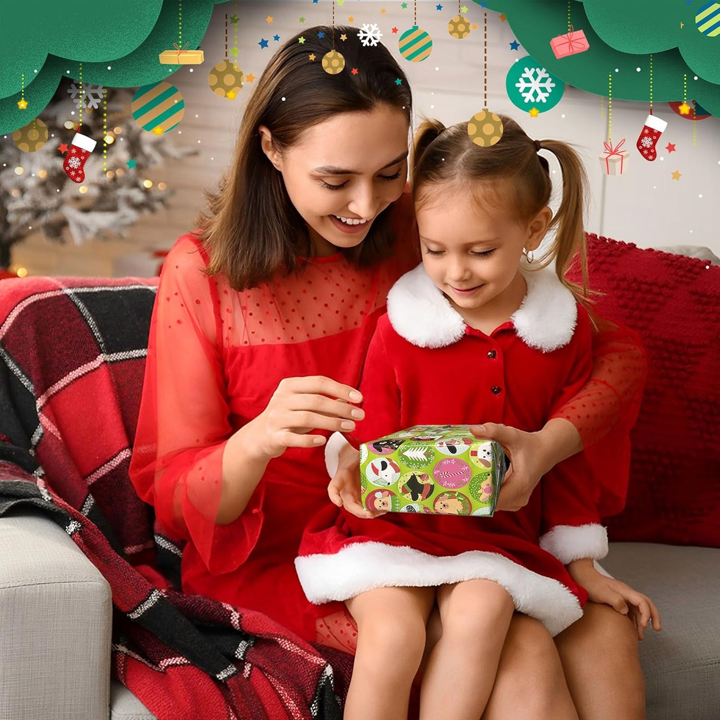 Cherubfunz Christmas Wrapping Paper (4 Rolls: 93 sq. ft. ttl) Santa Claus Carrying Gifts, Candy Cane, Reindeer, Christmas Tree/Bell, Dogs Pattern - 17 inches x 16.5 feet Per Roll