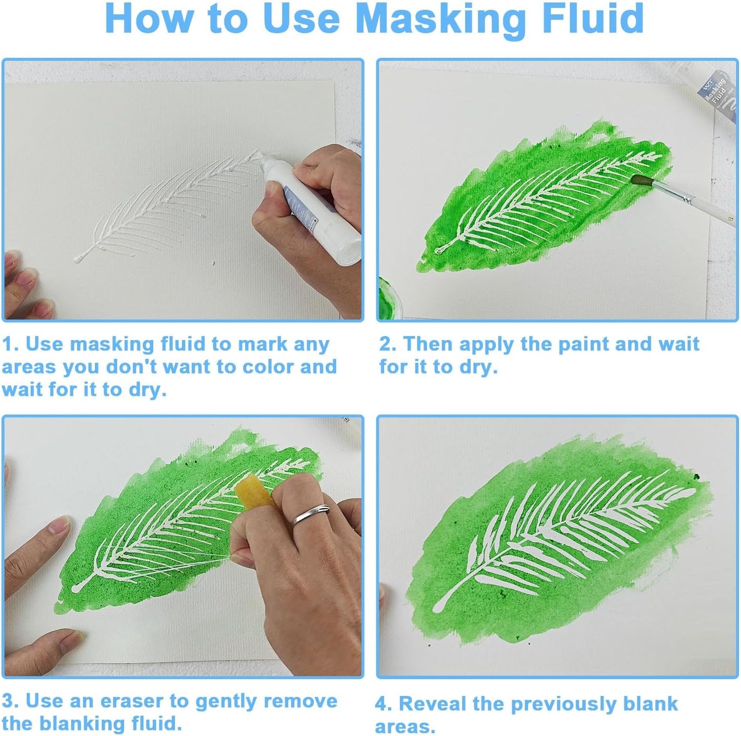 Masking Fluid for Watercolor Painting, 30ml Watercolor Masking Fluid with 2 Brushes & Eraser, Fine Arts & Crafts Supplies for Ink, Watercolor, Gouache Painting