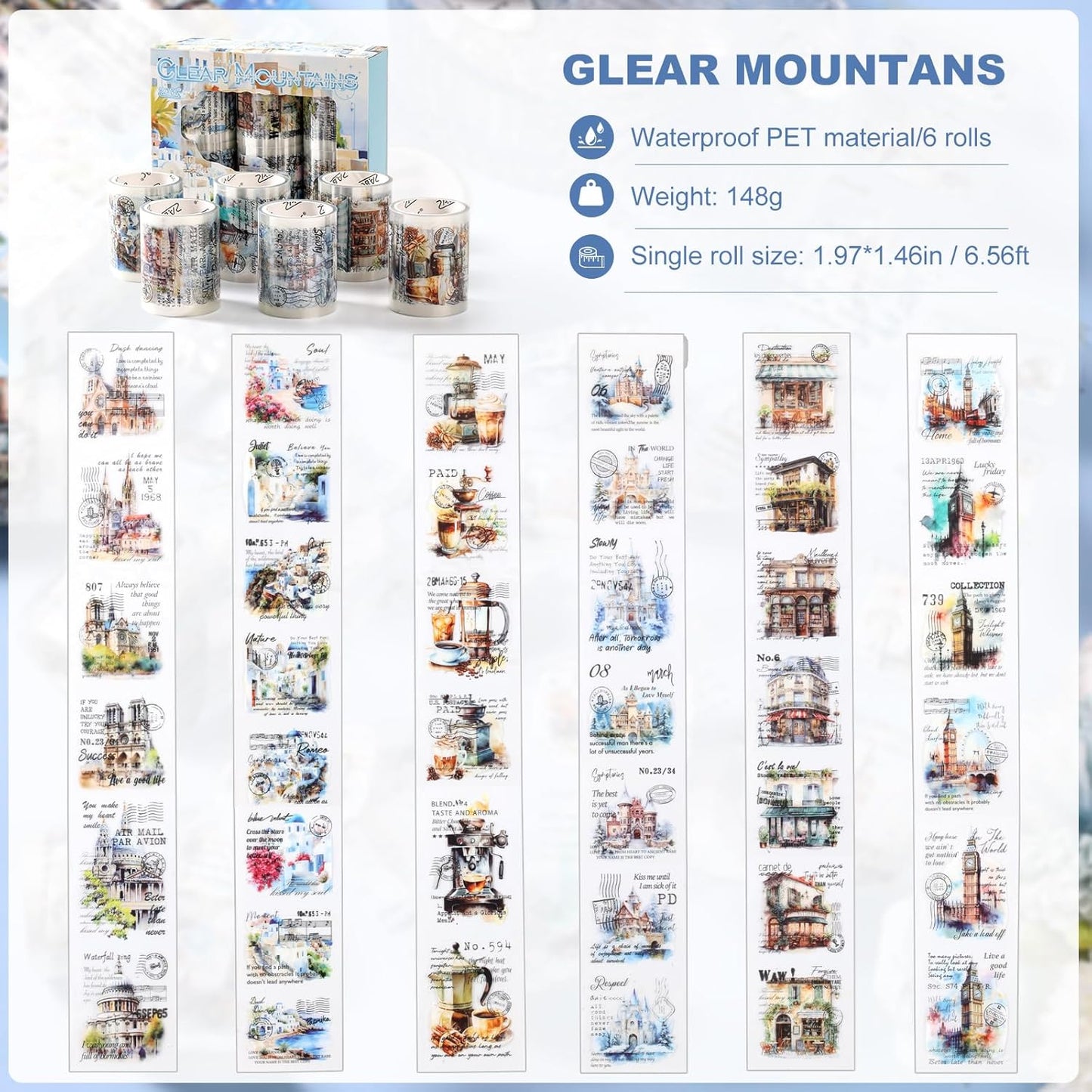 6 Rolls PET Tapes Set Pre Cut Tape Stickers City Stickers journaling Tape Transparent Sticker Books for Scrapbooking Scrapbook Tape Decorative