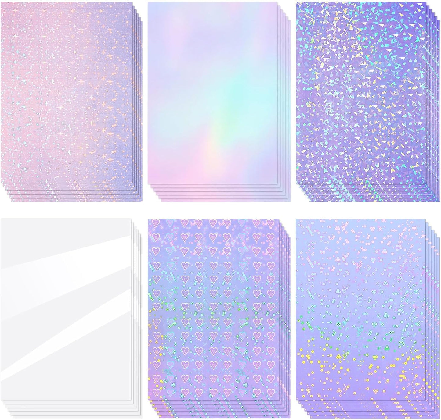 Clabby 36 Sheets Holographic Sticker Paper A4 Vinyl Sticker Paper Self Adhesive Waterproof Transparent Film, 11.7 x 8.3 inches (Gem, Dot, Colorful, Star, Heart, Glossy Clear)