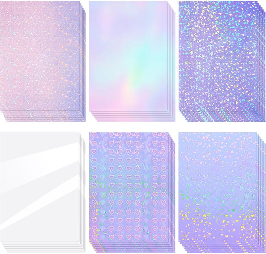 Clabby 36 Sheets Holographic Sticker Paper A4 Vinyl Sticker Paper Self Adhesive Waterproof Transparent Film, 11.7 x 8.3 inches (Gem, Dot, Colorful, Star, Heart, Glossy Clear)