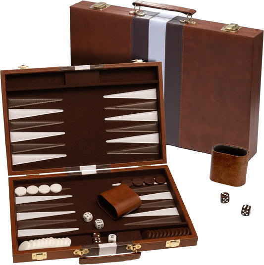 Backgammon Board Game, Deluxe Leather Like Case, Felt Interior, Brown, Classic Backgammon Game, Popular Board Game, Board Games (Large (18"))