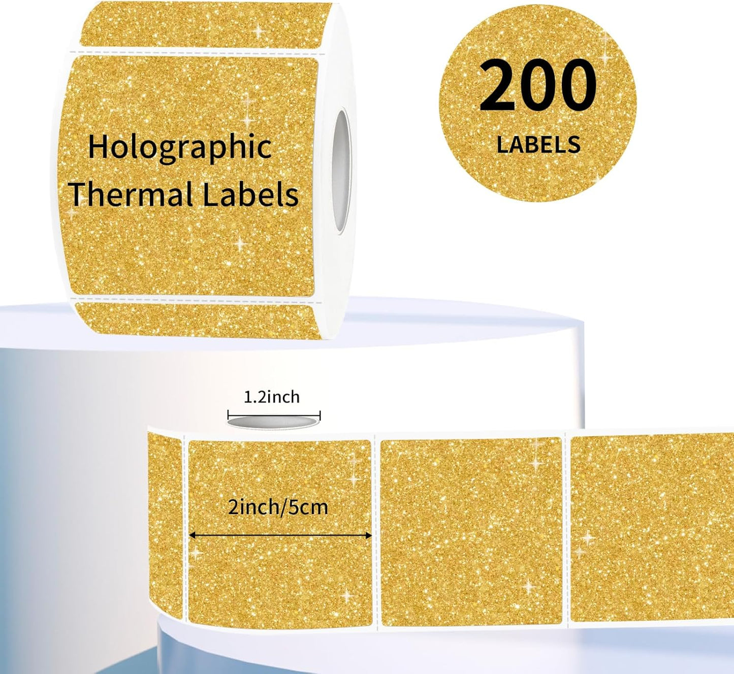 Square Thermal Labels Stickers 2" x 2", Holographic Thermal Stickers Labels, Waterproof Glitter Direct Thermal Printer Label for Small Business- Holographic Gold
