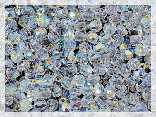 0.88oz (600+ pcs) Faceted Fire Polished Pressed Czech Glass Beads 3mm (0.12in), Crystal AB 00030-28701