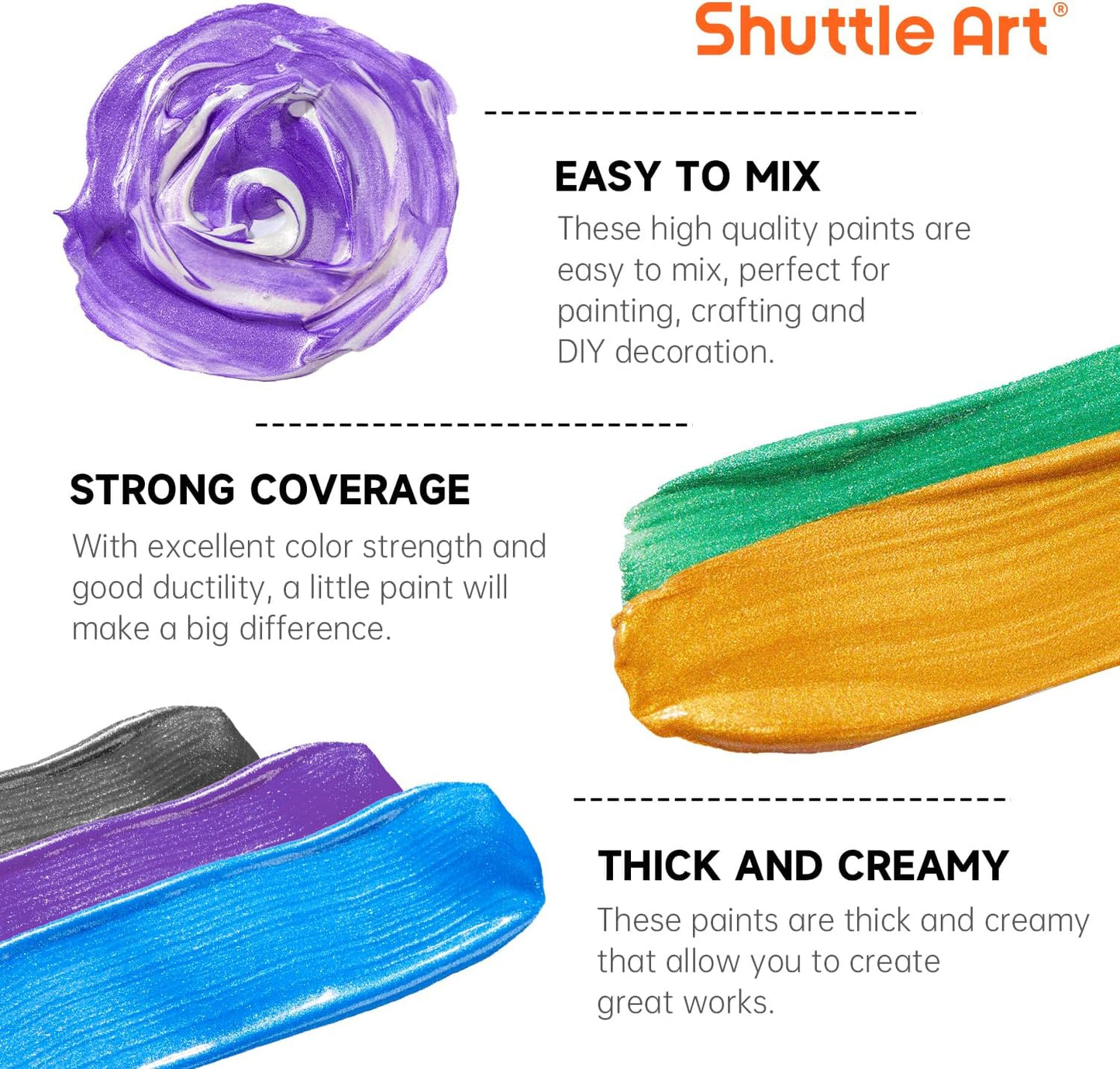 Shuttle Art 8 Colors Metallic Acrylic Paint, 250ml/8.45oz Bottles Acrylic Paint Set, Rich Metallic Shade, Bulk Painting Supplies for Artists, Beginners and Kids Painting on Rocks Crafts Canvas Wood