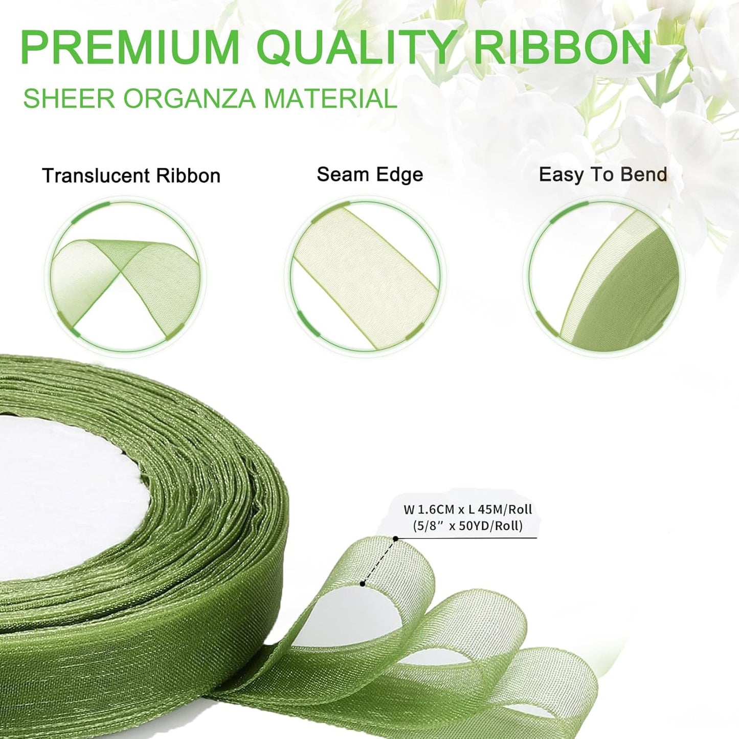 Green Ribbon for Gift Wrapping, 1 inch 50Yard Sage Green Sheer Organza Ribbon for Flower Bouquet, Crafts, Gifts Wrap Chiffon Fabric Ribbons for Birthday, Wedding, Christmas, Easter Decoration