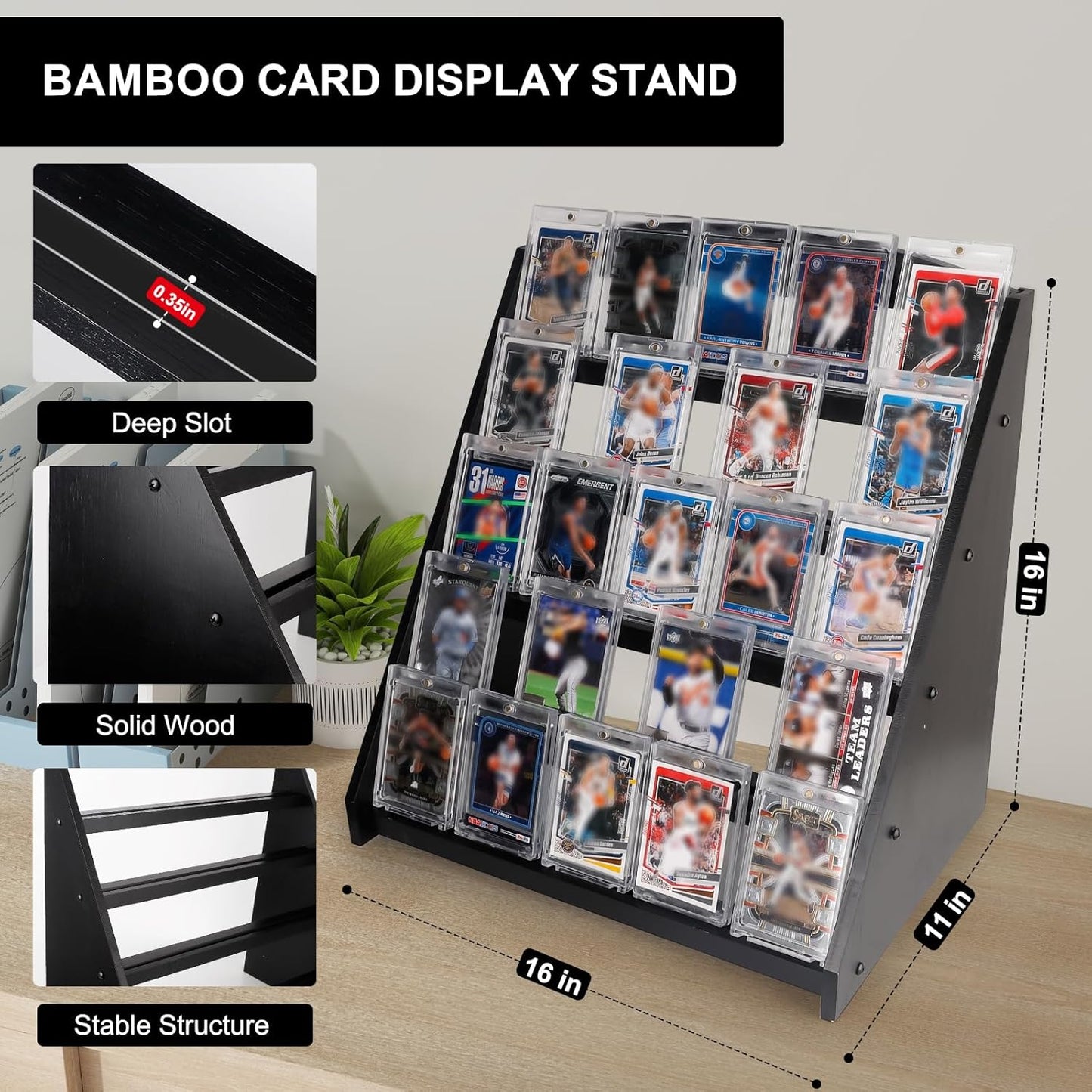 Trading Card Display Stand,5-Tier Bamboo Baseball Card Display Case, 35 pt Sports Card Display for Card Game Collection (Black)